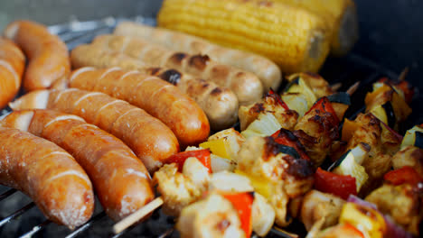 Sausages--corn-and-veggie-kebabs-on-a-BBQ