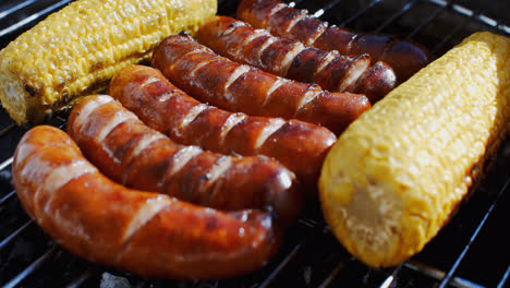 Five-delicious-sausages-grilling-with-corn