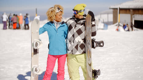 Loving-young-couple-with-their-snowboards