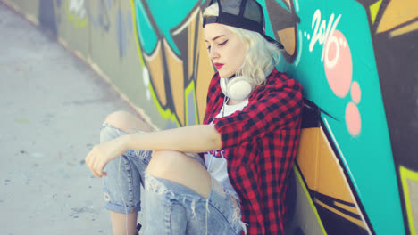 Trendy-young-urban-woman-waiting-on-her-skateboard