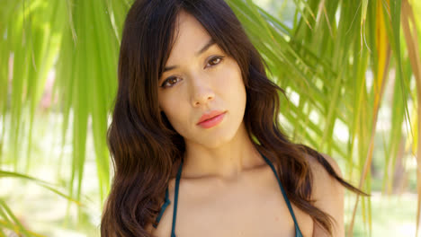 Serious-gorgeous-woman-in-shade-of-palm-leaves