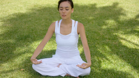 Pretty-serene-young-woman-meditating-outdoors