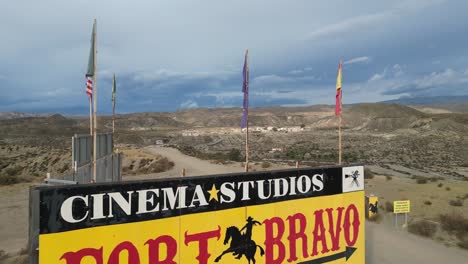 Fort-Bravo-Billboard-Sign-at-Tabernas-Desert,-Almeria,-Andalusia,-Spain