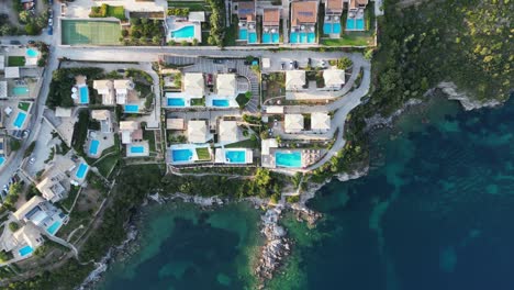 Luxury-Hotel-Resort-with-swimming-pool-villa's-at-Syvota,-Epirus,-Greece---Aerial