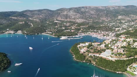 Syvota-Coastal-Village,-Port-and-Hotels-at-Epirus,-Greece---Aerial-Panorama