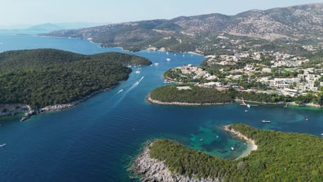 Coastal-Village-Syvota-and-Green-Islands-at-Epirus,-Greece---Aerial