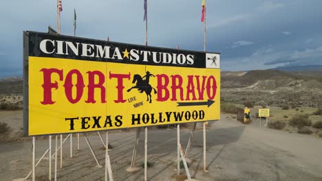 Fort-Bravo-Billboard-Sign-in-Tabernas-Desert,-Almeria,-Andalusia,-Spain