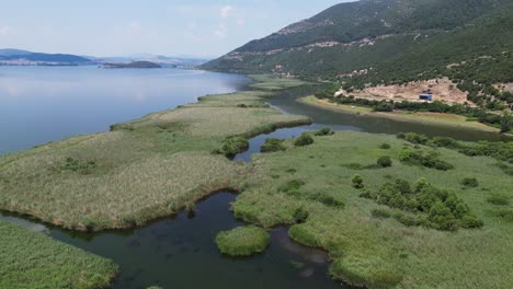 Green-Wetlands-in-Ioannina-and-Pamvotis-Lake,-Epirus,-Greece-Mainland---Aerial