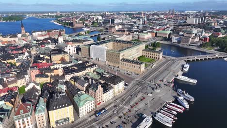 The-Royal-Palace-aerial-reveal-of-Stockholm-cityscape