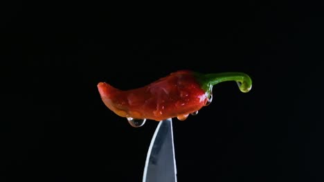 A-red-chili-pepper-perched-on-the-end-of-a-sharp-knife-with-water-dripping-on-it-in-slow-motion
