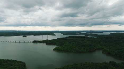 Percy-Priest-lake-reservoir-in-Tennessee,-aerial-drone-view-with-bridge