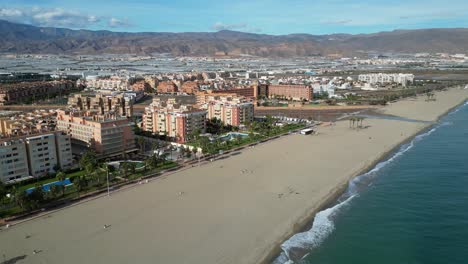 Roquetas-de-Mar-Boulevard-and-Beach-in-Almeria,-Andalusia,-Spain---Aerial