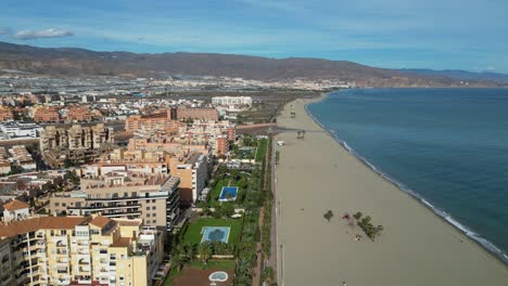 Coastline-and-Boulevard-of-Roquetas-de-Mar,-Almeria,-Andalusia,-Spain---Aerial