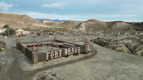 Fort-Bravo-Western-Theme-Park-at-Tabernas-Desert,-Almeria,-Andalusia,-Spain---Aerial