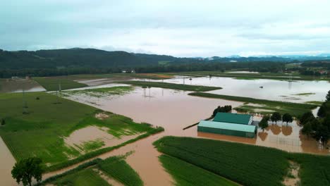 Horrific-Aerial-4K-Drone-footage-of-flooded-villages-in-Podravje,-Slovenia,-during-August