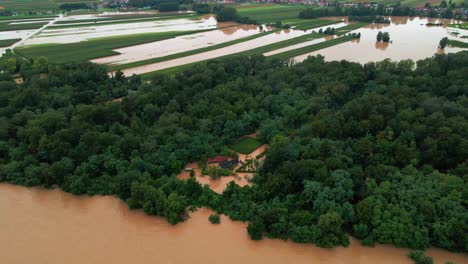 Horrific-Aerial-4K-Drone-footage-of-flooded-villages-in-Podravje,-Slovenia,-during-August