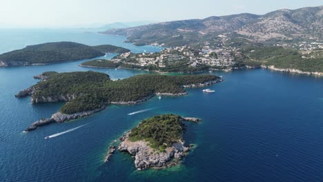 Syvota-Green-Islands-and-scenic-coastline-at-Epirus,-Greece---Aerial-Circling