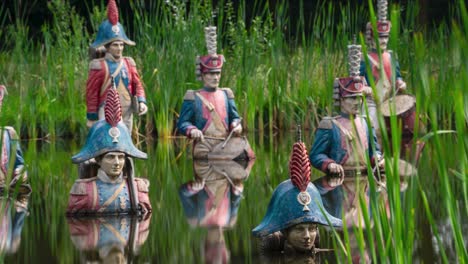 Napoleon-army-statues-decaying-in-abandoned-theme-park,-tilt-down-view