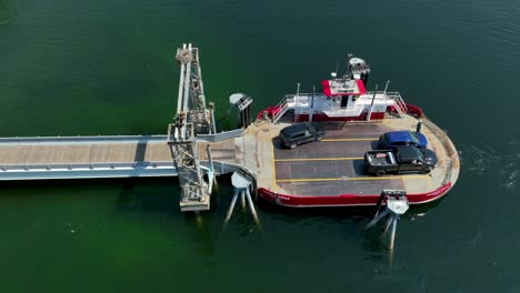 Overhead-aerial-view-of-an-SUV-boarding-a-small-commuter-ferry-in-Washington-State