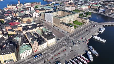 Beautiful-aerial-of-The-Royal-Palace-and-old-town-of-Stockholm-city,-Sweden-historical-landmark-and-King's-residence