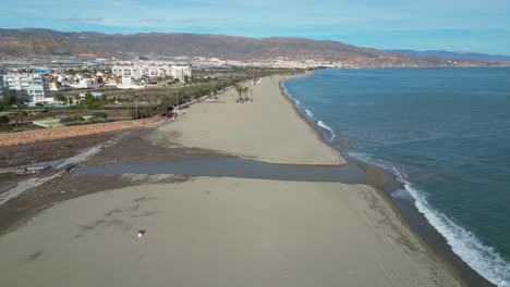 Roquetas-de-Mar-Long-Sandy-Beach-in-Almeria,-Andalusia,-Spain---Aerial