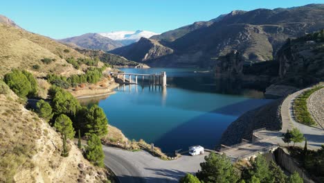 Motorhome-Camper-Van-at-Sierra-Nevada-Canales-Water-Reservoir-in-Andalusia,-Spain