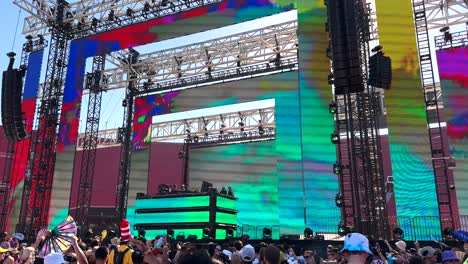 Hard-Summer-Music-Festival-in-Los-Angeles-CA-USA,-People-in-Front-of-Stage-With-DJ-and-Background-Screen-Displays