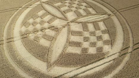 South-Wonston-trinity-propeller-crop-circle-aerial-view-circling-the-design-on-Hampshire-golden-wheat-field-farmland