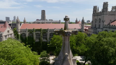 Aerial-view-circling-gothic-architecture-on-top-of-buildings-at-the-University-of-Chicago,-USA
