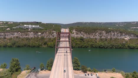 Wide-angle-drone-view-of-the-Pennybacker-bridge-in-Austin,-Texas