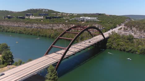 High-angle-establishing-shot-of-the-Pennybacker-Bridge-in-Austin,-Texas