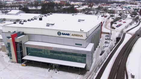 Close-up-aerial-orbital-shot-showing-Saab-Arena-in-Linköping,-Sweden