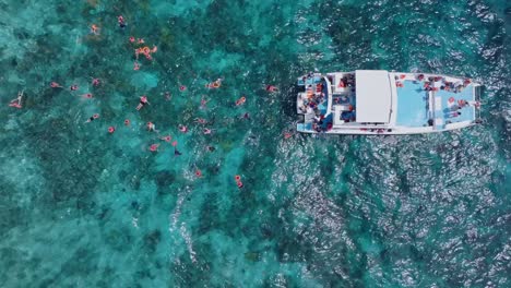 Vista-Aérea-De-Personas-Nadando-Y-Haciendo-Snorkel-En-Las-Aguas-Cristalinas-De-La-Isla-Catalina-En-República-Dominicana
