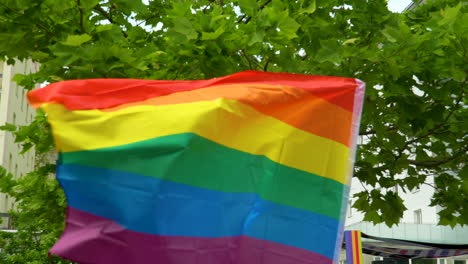 Flatternde-LGBT-Regenbogenfahne-Vor-Dem-Hintergrund-Grüner-Blätter