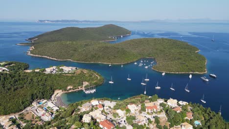 Syvota-Coastal-Village-and-Islands-in-Ionian-Sea,-Epirus,-Greece-Mainland---Aerial