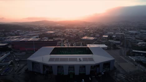 Drone-shot-at-sunrise-over-Geoffroy-Guichard-Stadium-called-"le-chaudron"-in-Saint-Etienne-City
