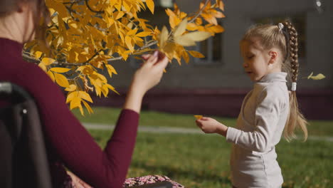 Aunt-with-disability-and-little-niece-play-with-dried-leaves