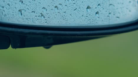 close-side-mirror-with-water-drops-against-blurred-grass