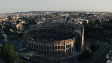 Aerial-view-flying-towards-the-historical-Colosseum-in-Rome