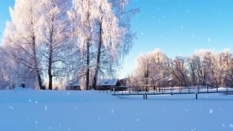Iconic-winter-rural-landscape-covered-in-snow,-dolly-forward-view