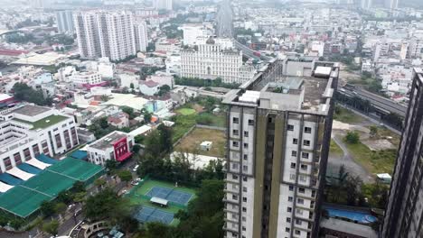 Aerial-dolly,-Apartment-buildings-and-condo-homes-luxury-fancy-residence-in-ho-chi-minh-city-district-7