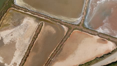 Top-rotating-view-of-salt-marsh-pan-flats-next-to-Arade-river,-drone-aerial