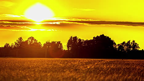 Glowing-setting-sun-over-farmland-fields---golden-cloudscape-time-lapse