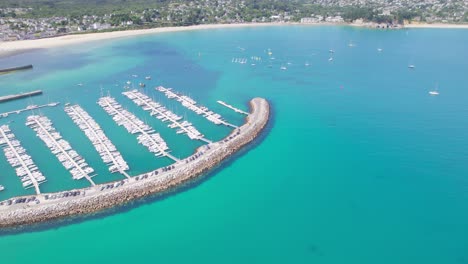 Aerial-drone-view-of-Crozon-harbor-in-France-with-rows-of-boats-and-yachts