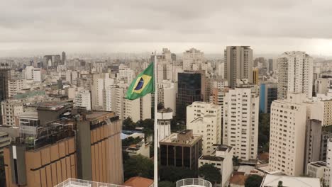 Aerial-panorama-view-showing-Brazilian-flag-on-top-of-skyscraper-and-cityscape-in-background