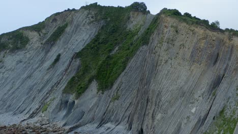 Sheer-rocky-cliffside-edges-of-zumaia-spain-beach,-covered-in-grassy-green-shrub,-aerial-pullback