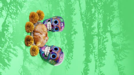 Day-of-the-Dead-celebration-vertical-animation-Pan-De-Muerto,-Green-Background