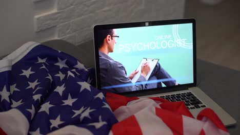 Psicólogo-En-Línea,-Computadora-Portátil,-Bandera-Nacional-Estadounidense-O-Estadounidense.