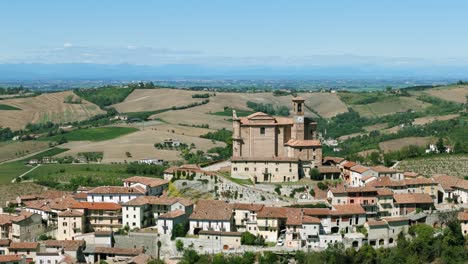 Aerial-drone-view-of-Treville-hilltop-town-and-Saint-Ambrogio-church-in-Alessandria-Province-of-Piedmont-region-in-Italy