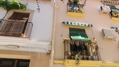 Beautiful-french-balconies-of-Caceres,-exterior,-medium-shot